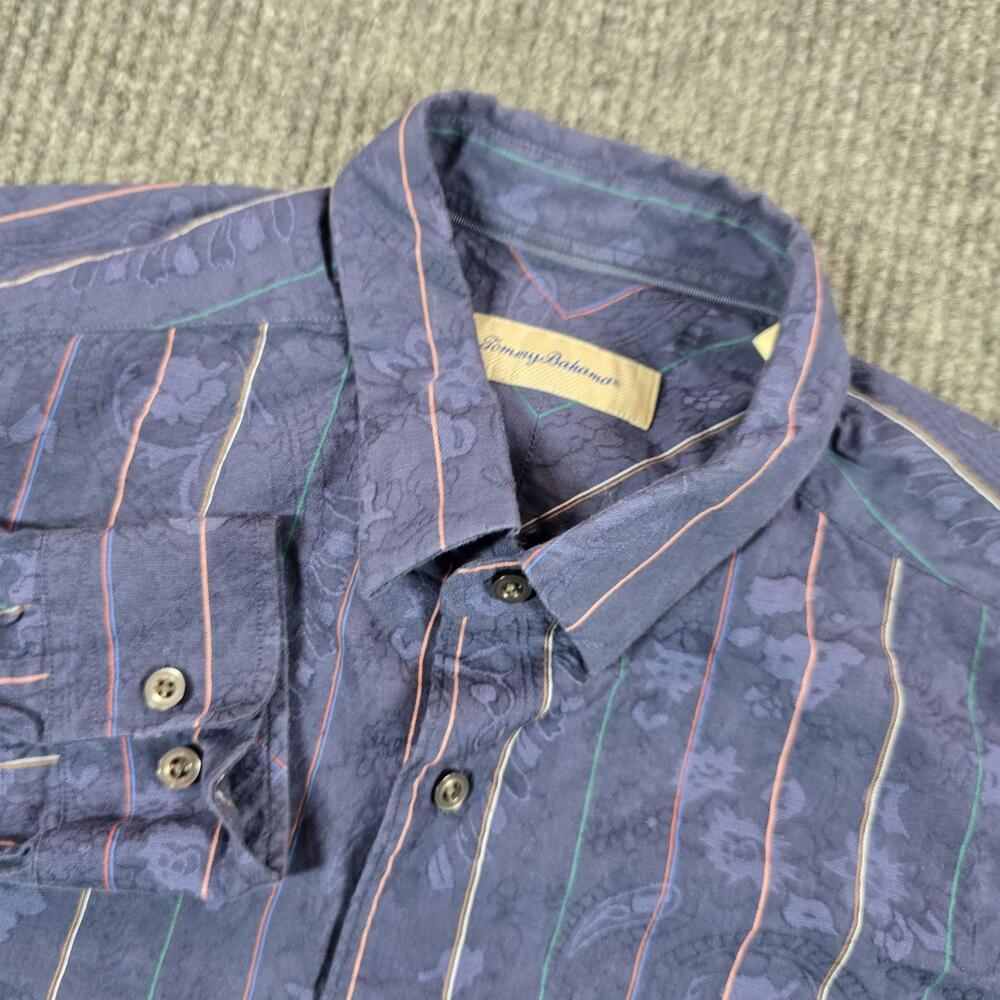 Tommy Bahama Shirt Mens Medium Blue Stripe Long Sleeve Button Up Silk Cotton